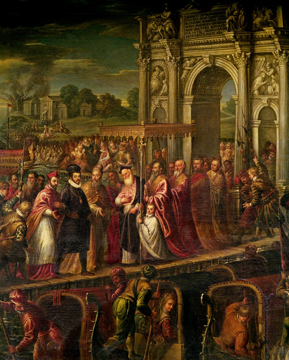 Kong Henri III (1551-89) av Frankrike besøkte Venezia i 1574, eskortert av Doge Alvise Mocenigo (1570-77) og møtt av patriarken Giovanni Trevisan, fra Room of the Four Doors av Andrea Vicentino