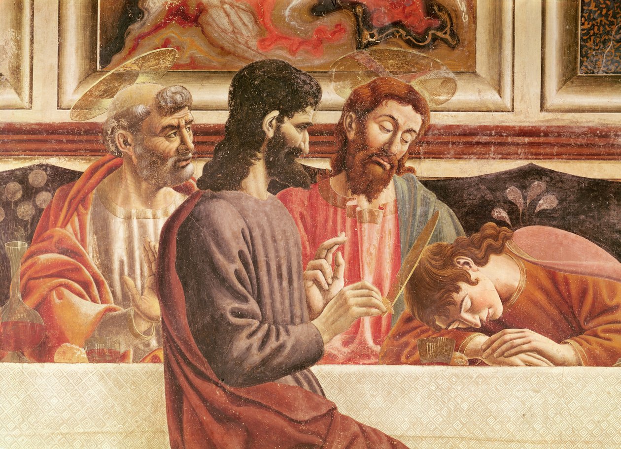 Nattverden, detalj av de hellige Johannes og Peter, Kristus og Judas, 1447 (detalj av 85172) av Andrea del Castagno