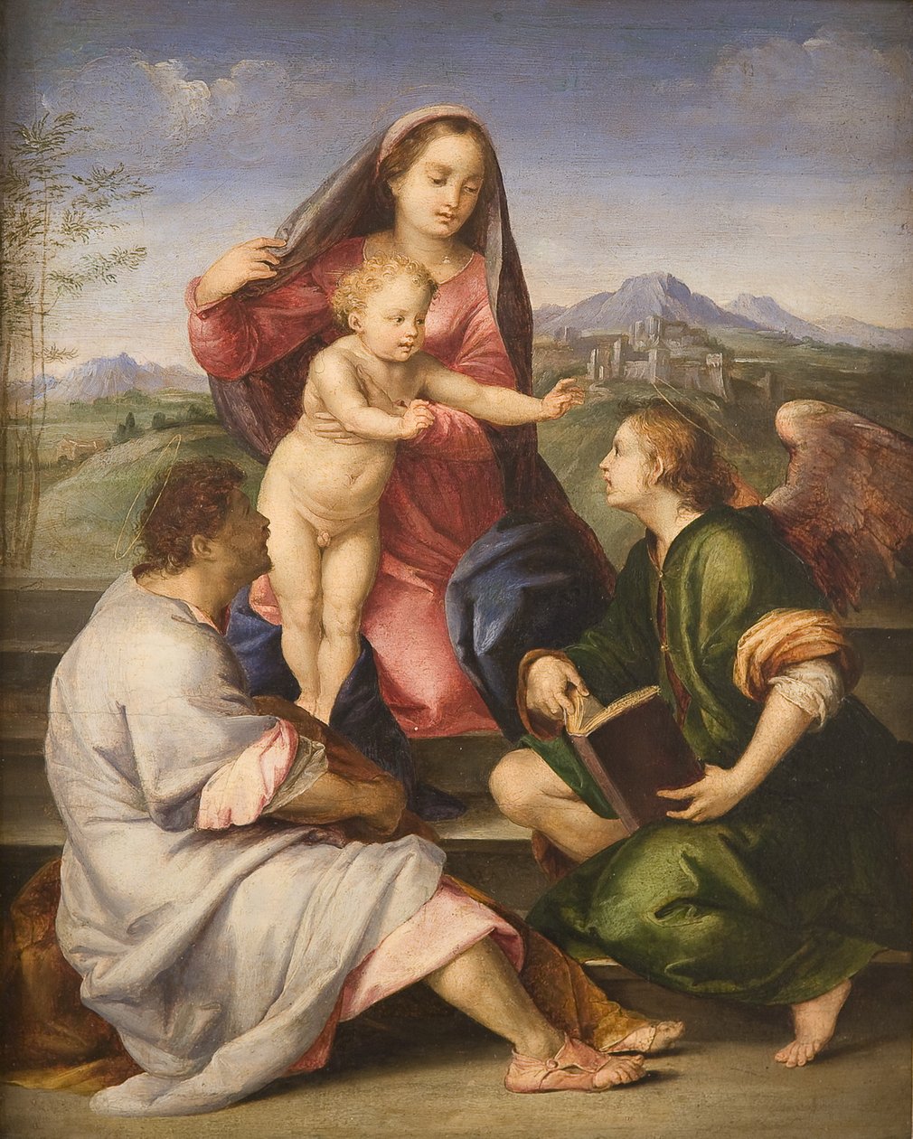 Madonna med barn, helgen og engel av Andrea del Sarto