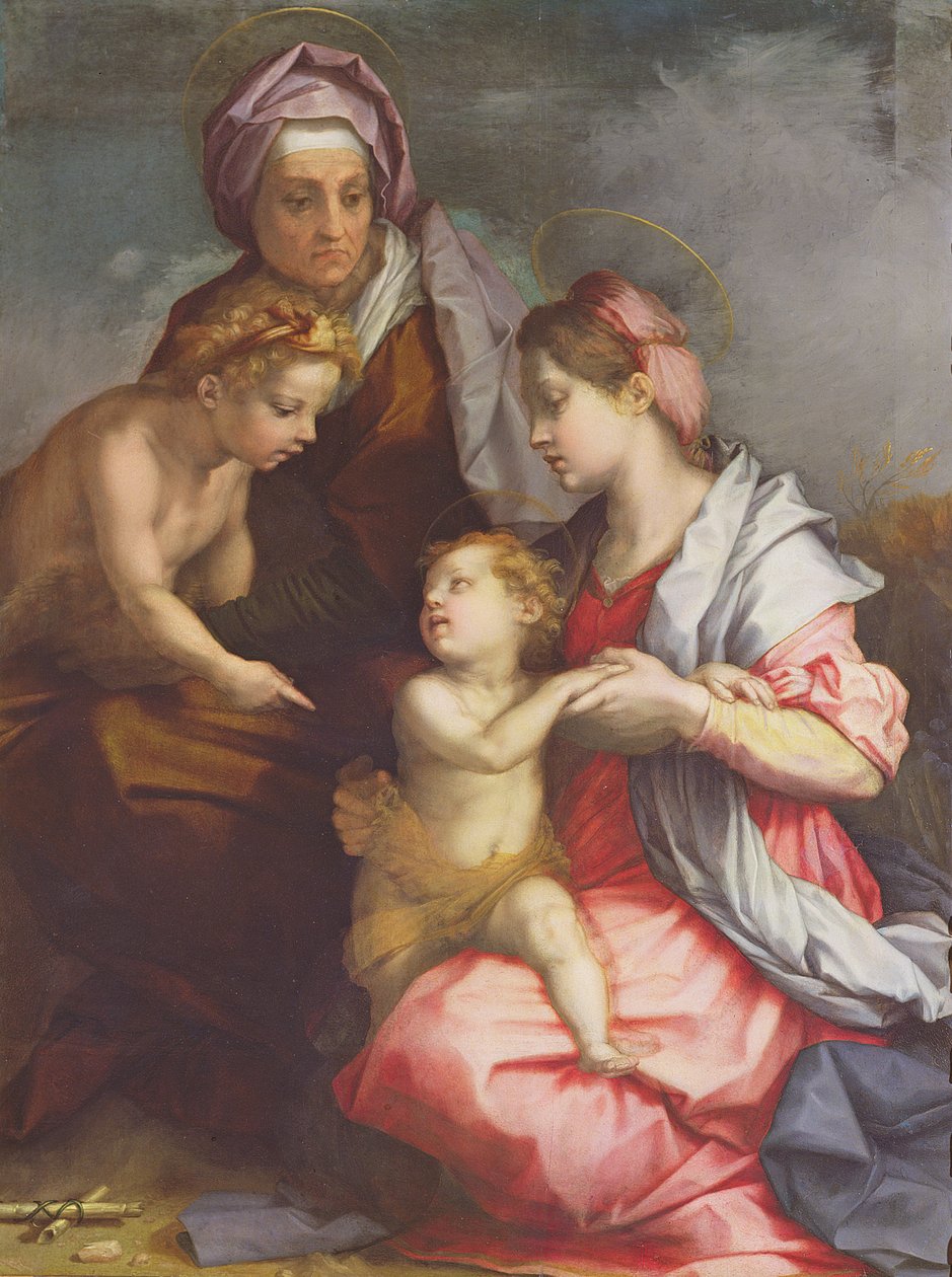 Madonna og barn med St. Elizabeth og spedbarnet St. Johannes døperen (panel) av Andrea del Sarto