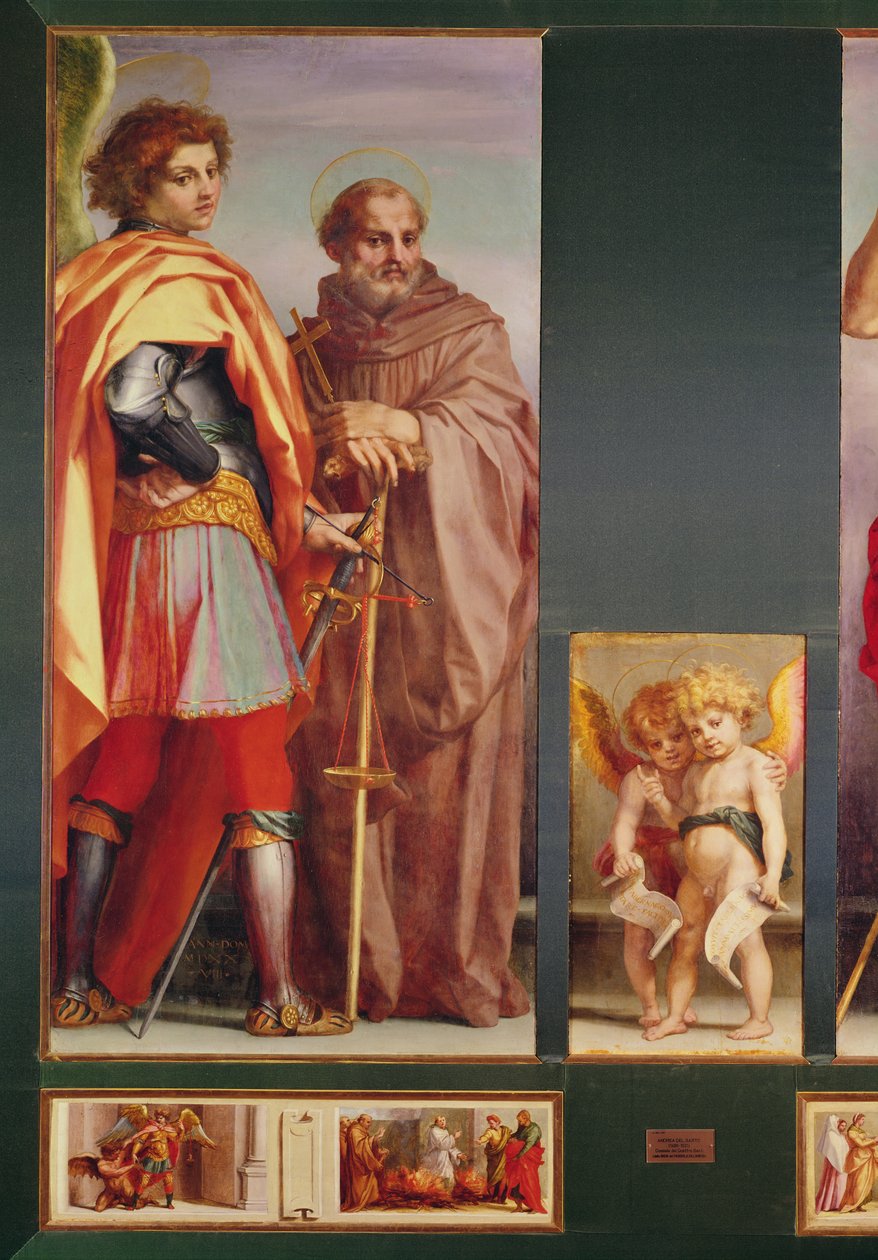 Polyptyk fra Vallombrosa Abbey, detalj på venstre side som viser erkeengelen Michael og Saint Benedict, 1528 (detalj av 50405) av Andrea del Sarto
