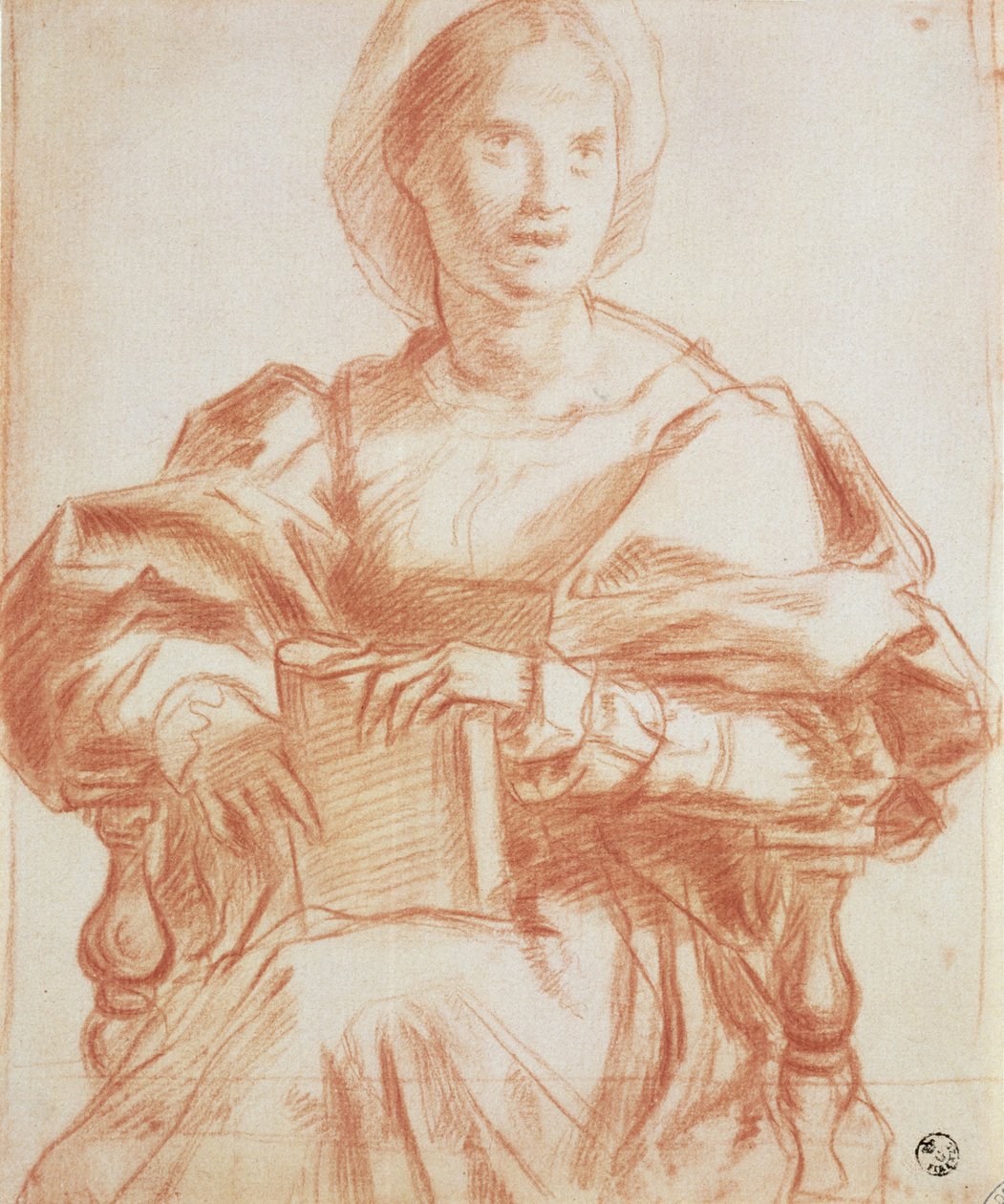 Studie av en sittende kvinne som holder en bok (kritt på papir) av Andrea del Sarto