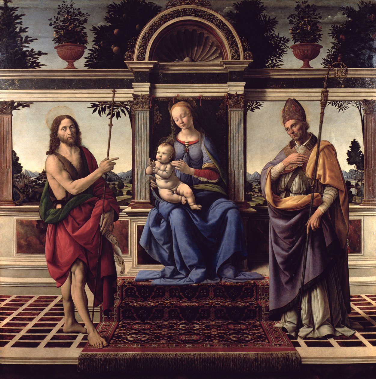 Madonna med de hellige døperen Johannes og Donatus, ca. 1475-83 av Andrea del Verrocchio