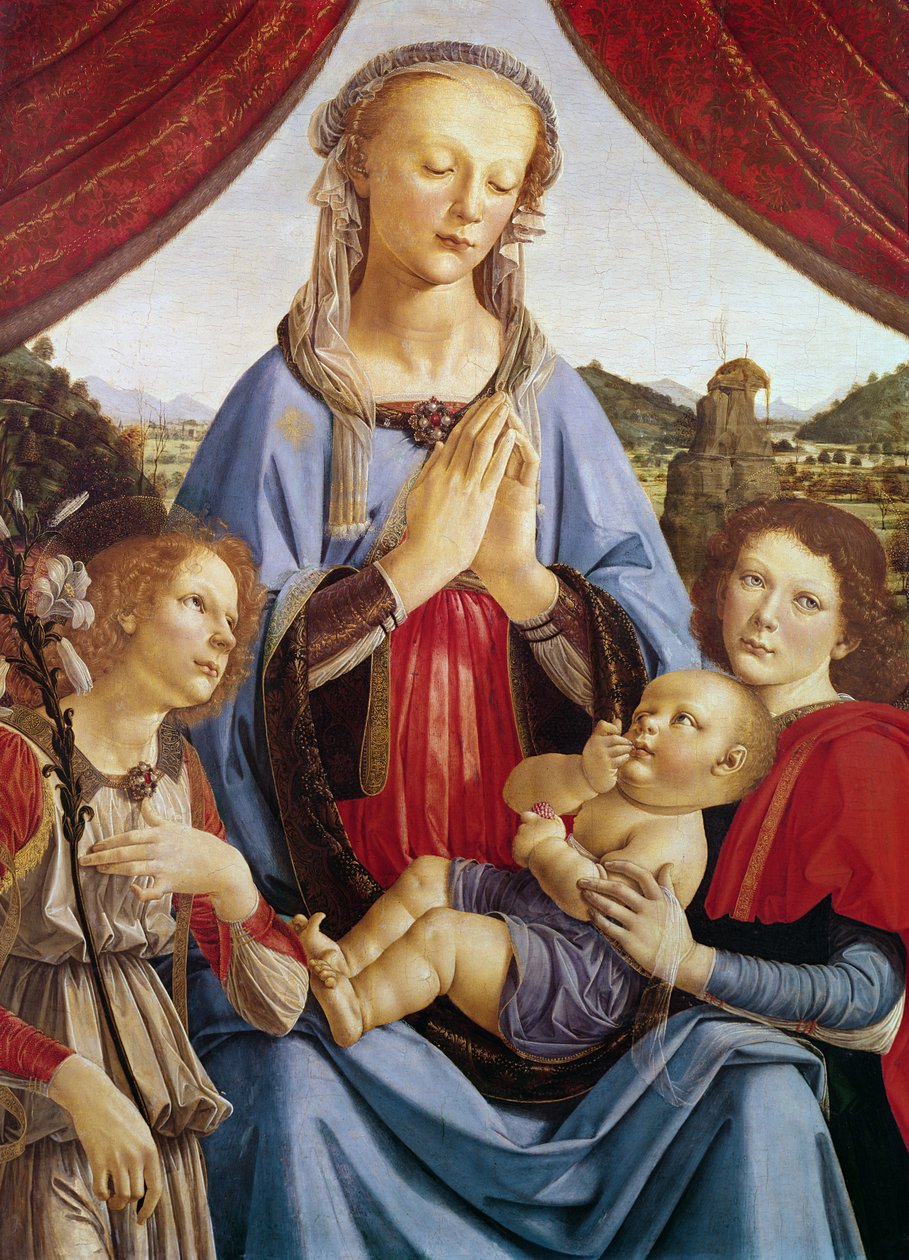 Jomfruen og barnet med to engler, ca. 1470-tallet (eggtempera på tre) av Andrea del Verrocchio