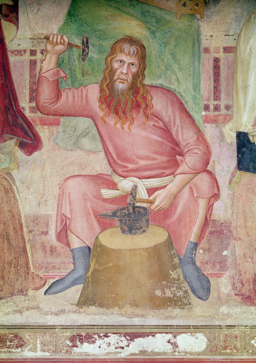 Allegory of the Active and Triumphant Church, detalj av en del nede til høyre som viser Tubal-cain, ca. 1366-68 av Andrea di Bonaiuto