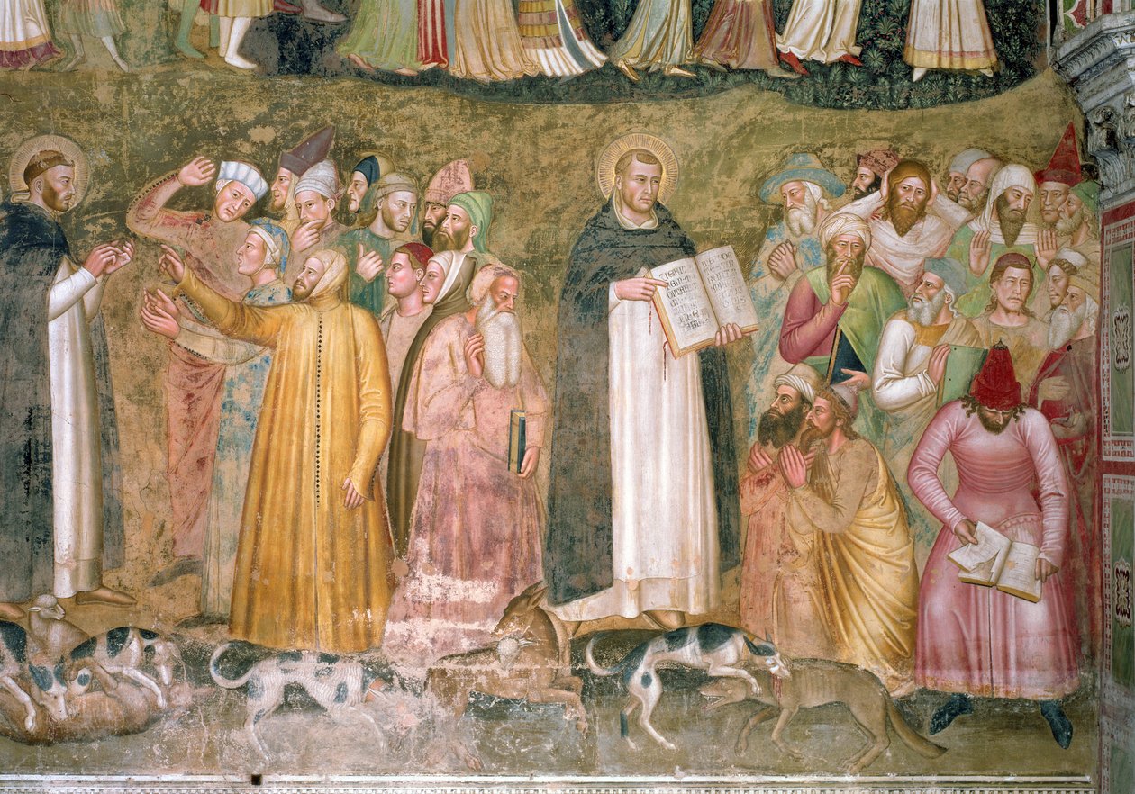 The Church Militant and Triumphant, detalj av SS. Thomas og Peter forveksler kjettere, fra det spanske kapellet; ca. 1369 freskomaleri av 31612 av Andrea di Bonaiuto