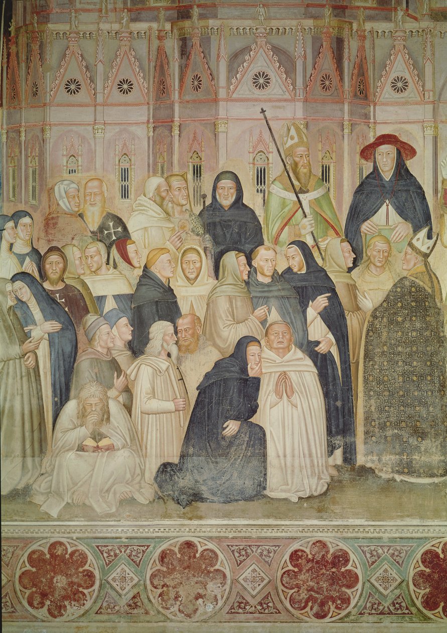 The Church Militant and Triumphant, detalj på venstre side, ca. 1366-68 freskomaleri av 72859, 31612 av Andrea di Bonaiuto