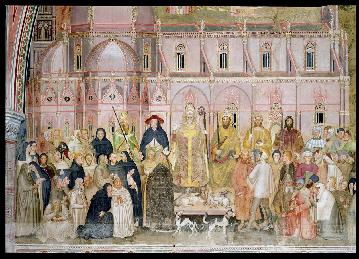 The Church Militant and Triumphant, detalj av de sekulære myndighetene med Santa Maria del Fiore i bakgrunnen, fra det spanske kapellet, ca. 1369 freskomaleri av 31612 av Andrea di Bonaiuto