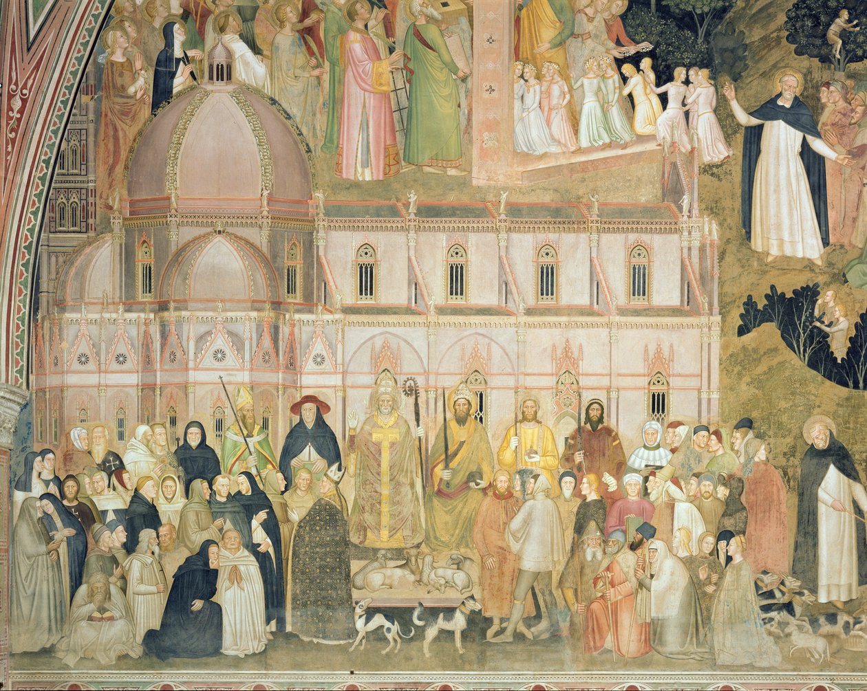 The Church Militant and Triumphant, detalj av de sekulære myndighetene med Santa Maria del Fiore i bakgrunnen, fra det spanske kapellet, ca. 1369 freskomaleri av 31612 av Andrea di Bonaiuto