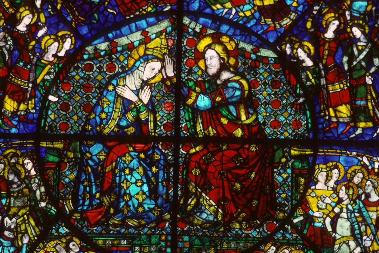 The Coronation of the Virgin, 1365 (farget glass) av Andrea di Buonaiuto da Firenze