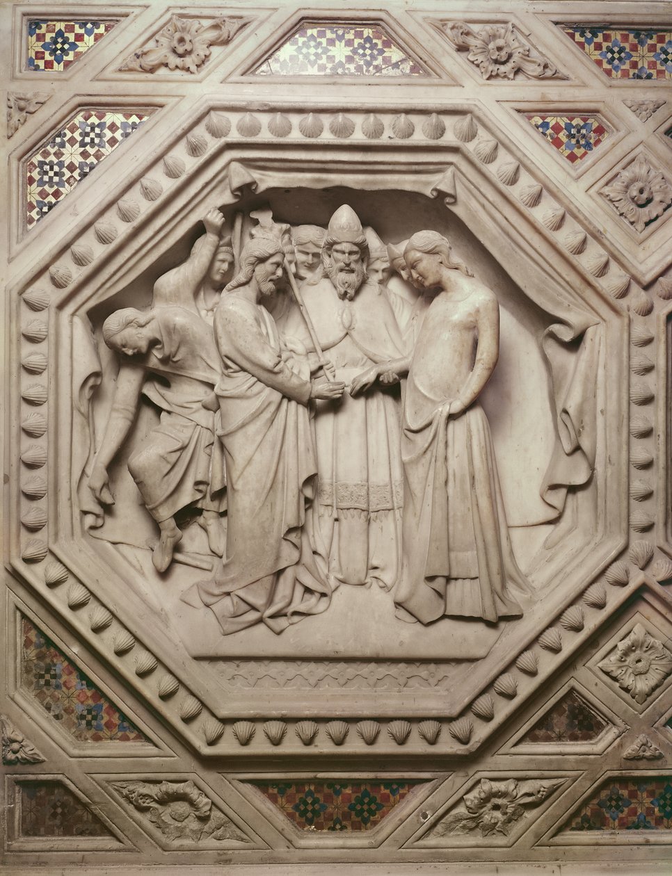The Marriage of the Virgin, detalj fra bunnen av Tabernaklet, 1349-59 (marmor) av Andrea di Cione Orcagna
