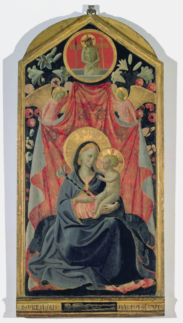 Madonna og barn med to engler og Kristus reist opp fra graven (tempera på panel) av Andrea di Giusto Manzini