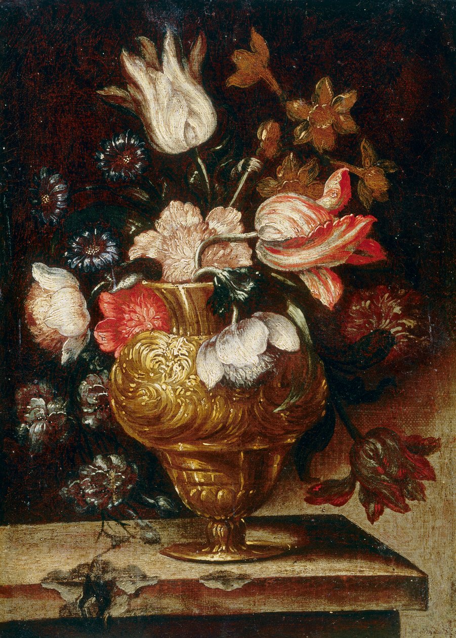 Metallvase med en haug med blomster av Andrea the Elder Scacciati