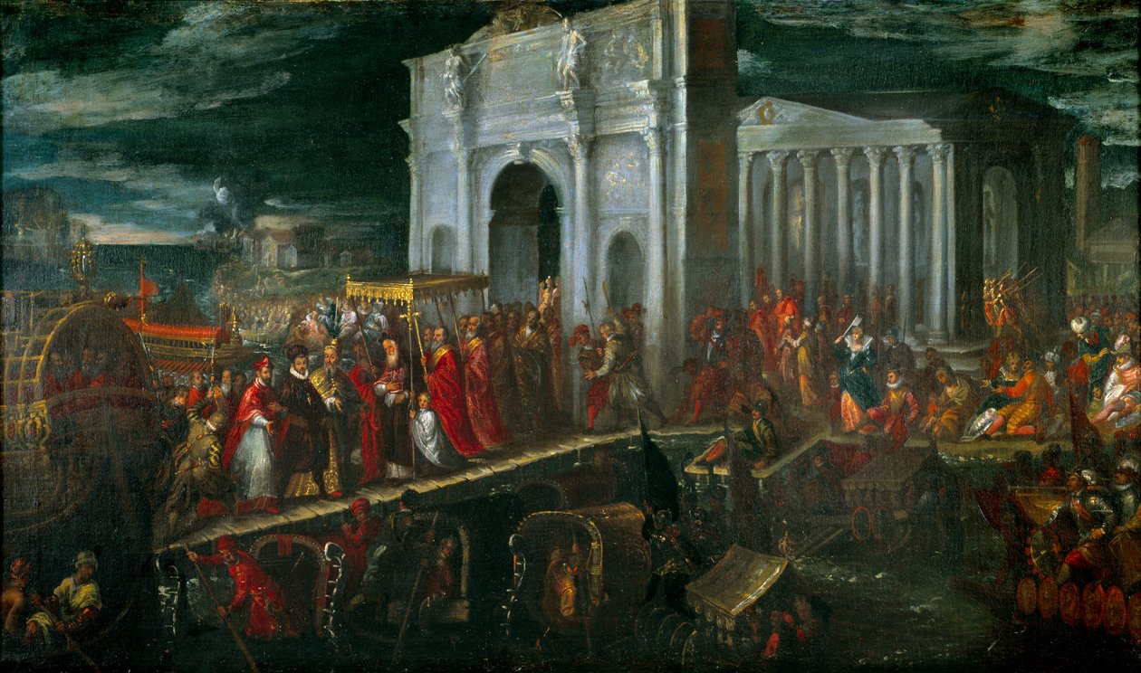 Mottakelse av hertugen av Anjou i San Nicolo di Lido i Venezia av Doge Mocenigo, under hans reise tilbake fra Polen til Frankrike, 28. juli av Andrea Vicentino