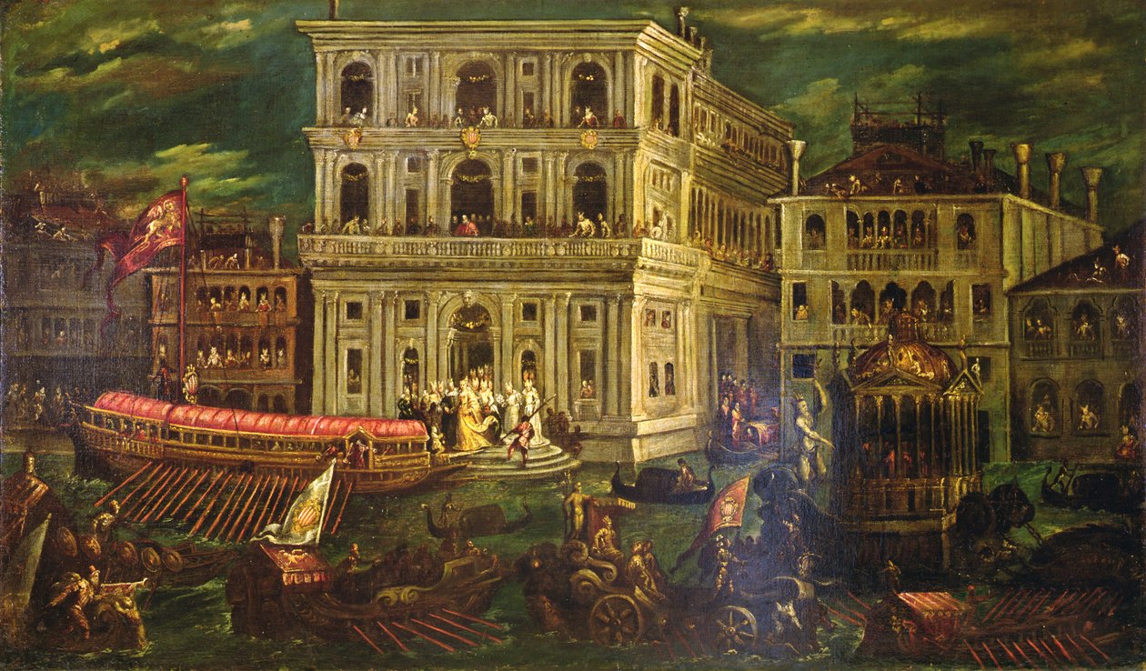 Ombordstigning av Dogaressa Morosina Morosini Grimani 4. mai 1597, Venezia, ca. 1600 (olje på lerret) av Andrea Vicentino