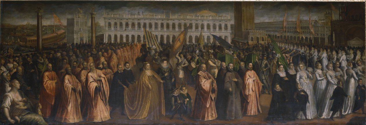 Dogaressa Marina Morosini-Grimani forlater Palazzo Grimani for hennes kroning i Palazzo Ducale, Venezia av Andrea Vicentino
