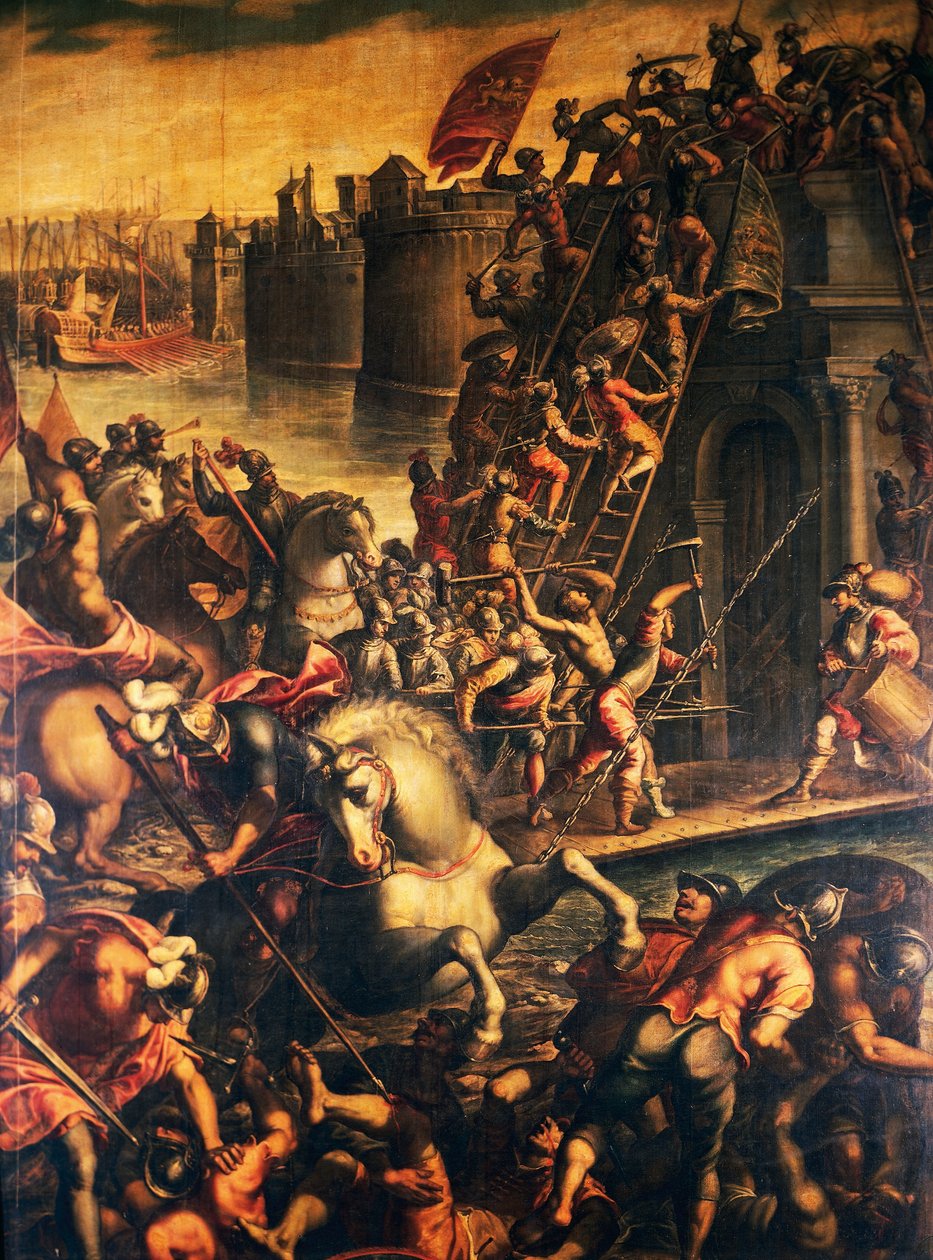 Doge av Venezia Enrico Dandolo og hans korsfarere stormer byen Zadar i 1202, olje på lerret av Andrea Michieli (cirka 1542-cirka 1617), fjerde korstog, Kroatia av Andrea (c.1542 c.1617) Michieli