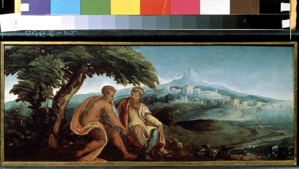 Kong Midas og Pan (Kong Midas og Pan). Maleri av Andrea Schiavone (cirka 1520-1582). Olje på lerret av Andrea Schiavone