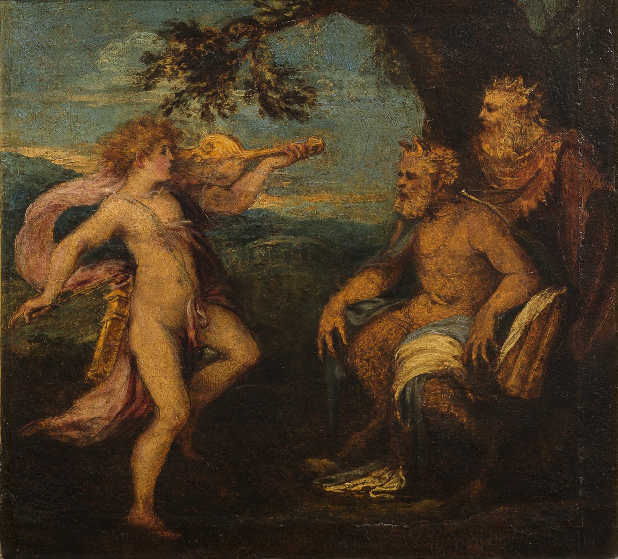 The Judgment of Midas (olje på trepanel) av Andrea Schiavone
