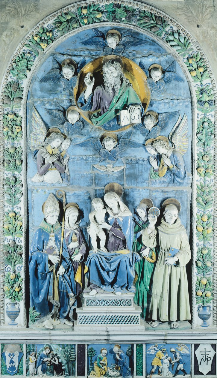 Madonna og barn med fire helgener, i Italia, Arezzo, katedralen (keramikk) av Andrea (workshop of) Della Robbia