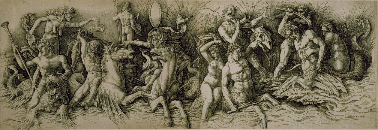 Battle of the Sea Gods (penn og brunt blekk på papir) av Andrea (workshop of) Mantegna
