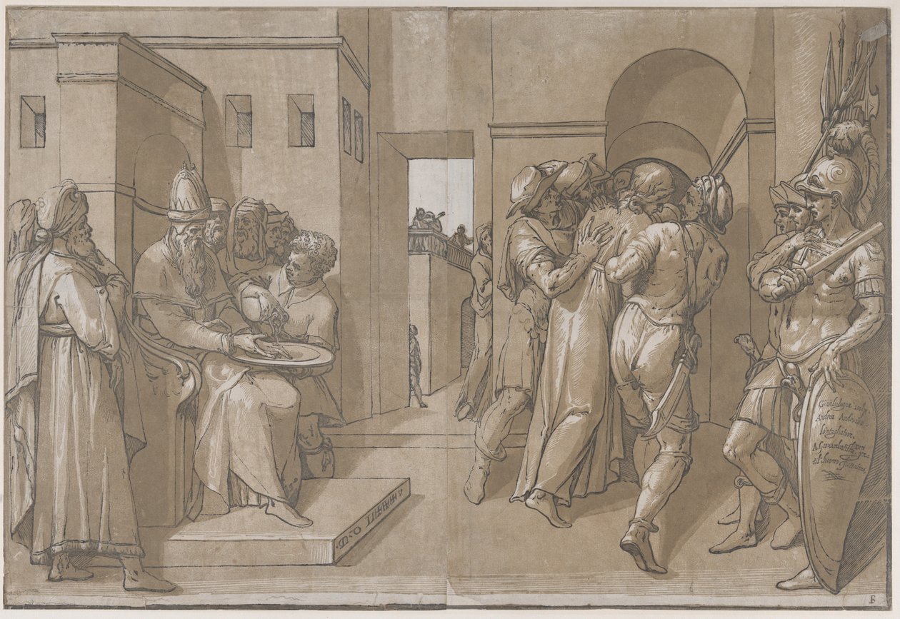 Kristus blir ført bort, soldater står på høyre side av arket, 1585. av Andrea Andreani
