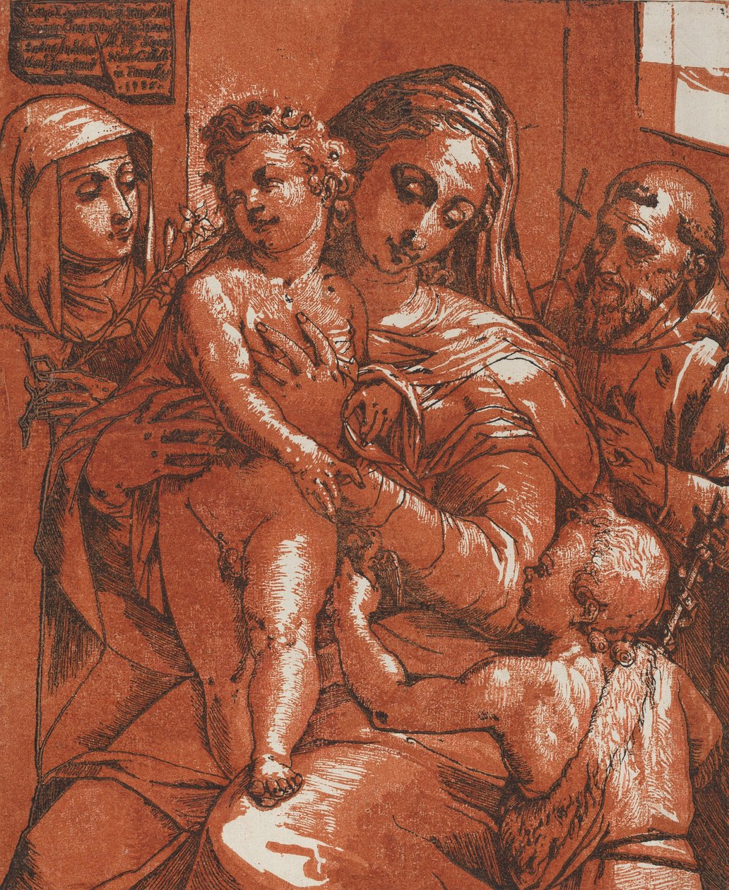 Madonna og barn akkompagnert av hellige, 1585. av Andrea Andreani
