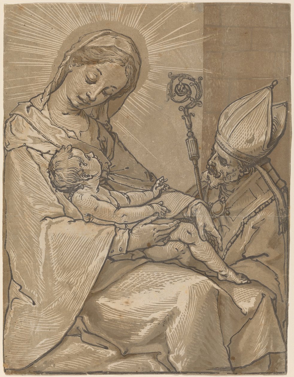 Madonna og barn med en biskop, 1591. av Andrea Andreani