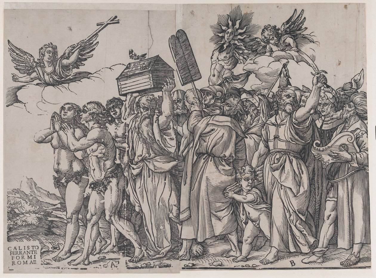 Seksjon A: en engel som holder et kors øverst til venstre, Adam og Eva under, fra The Triumph of..., 1836. av Andrea Andreani