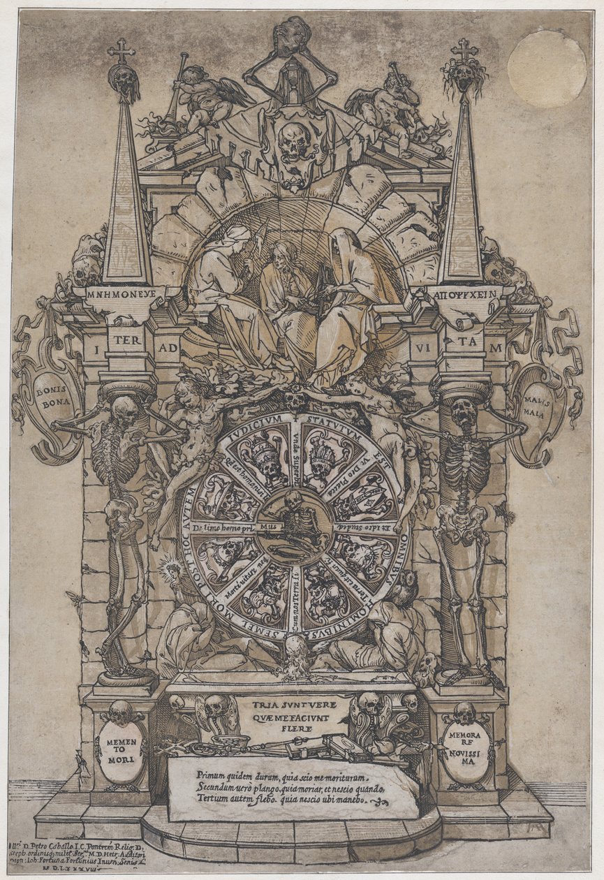Triumph of Death med tre skjebner i en arkitektonisk ramme over et lykkehjuls flanke..., 1588. av Andrea Andreani