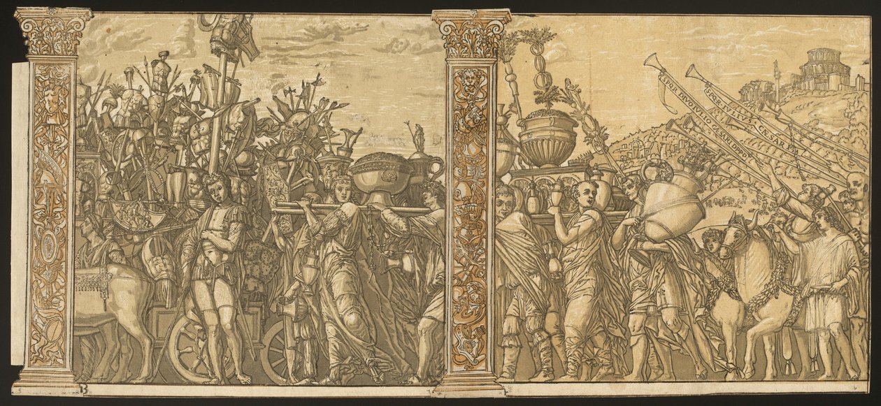 Julius Cæsars triumf [nr. 3 og 4 pluss 2 kolonner] av Andrea Andreani after Andrea Mantegna