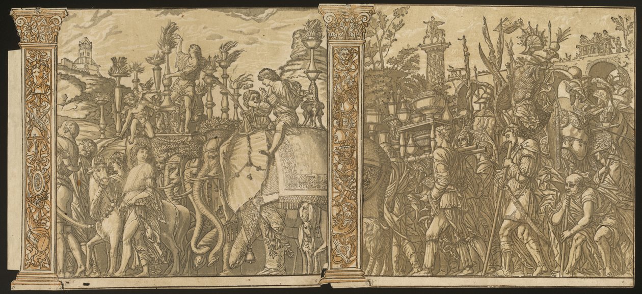 Julius Cæsars triumf [nr. 5 og 6 pluss 2 kolonner] av Andrea Andreani after Andrea Mantegna