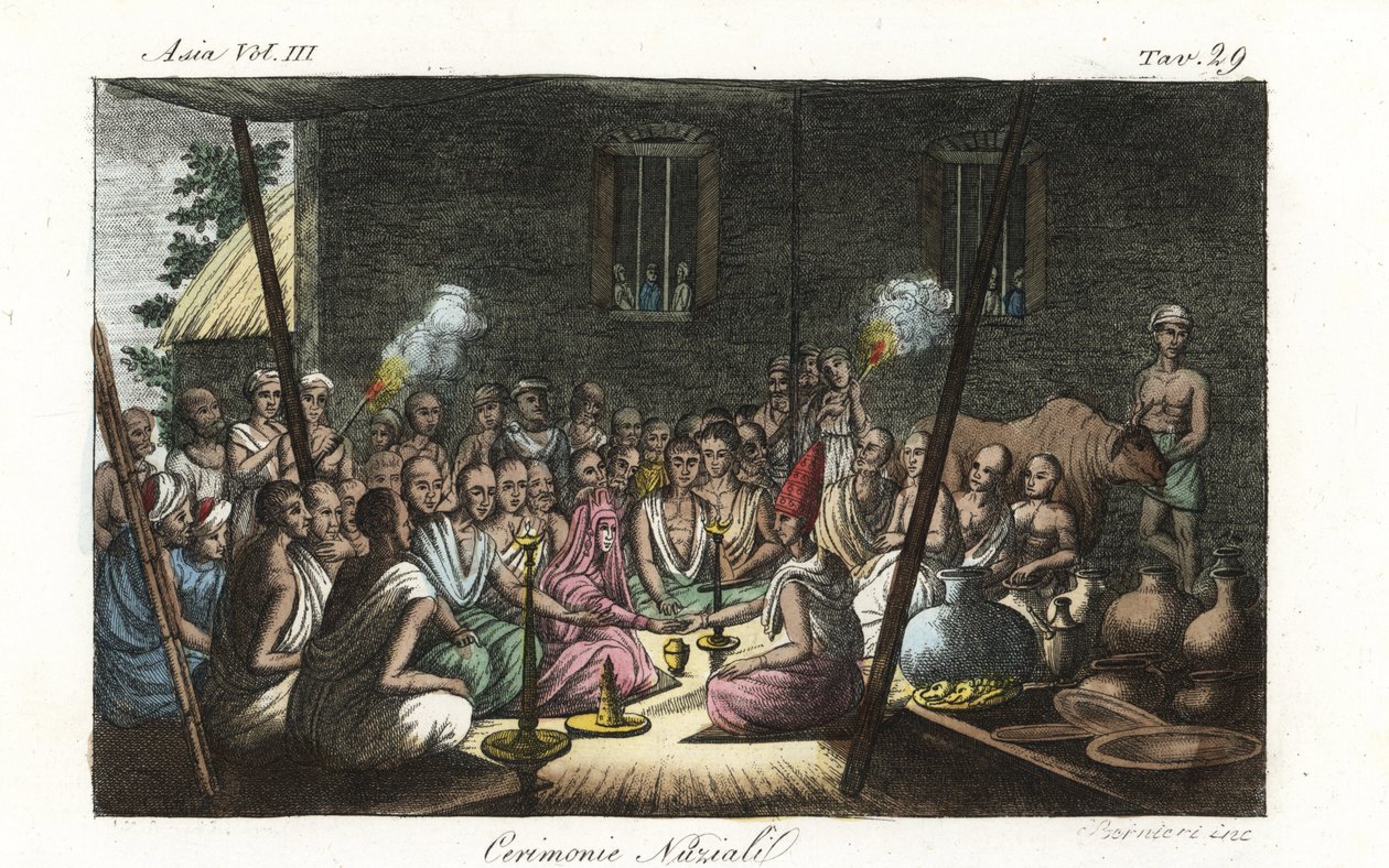 Hindu brahmin ekteskapsseremoni eller Bibaha holdt i konas hus. Håndfarget kobberplate tegnet og gravert av Andrea Bernieri etter Francois Solvyns fra Giulio Ferrario