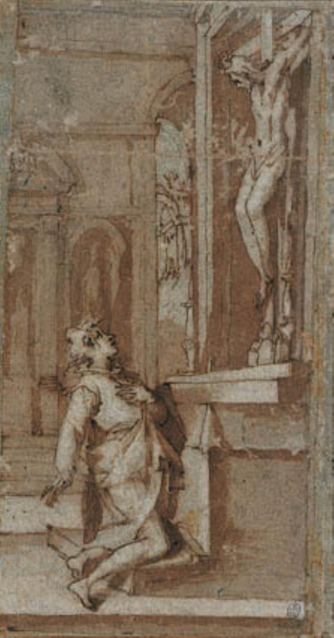 Kristus på krusifikset i San Miniato bøyer hodet mot St John Gualberto av Andrea Boscoli