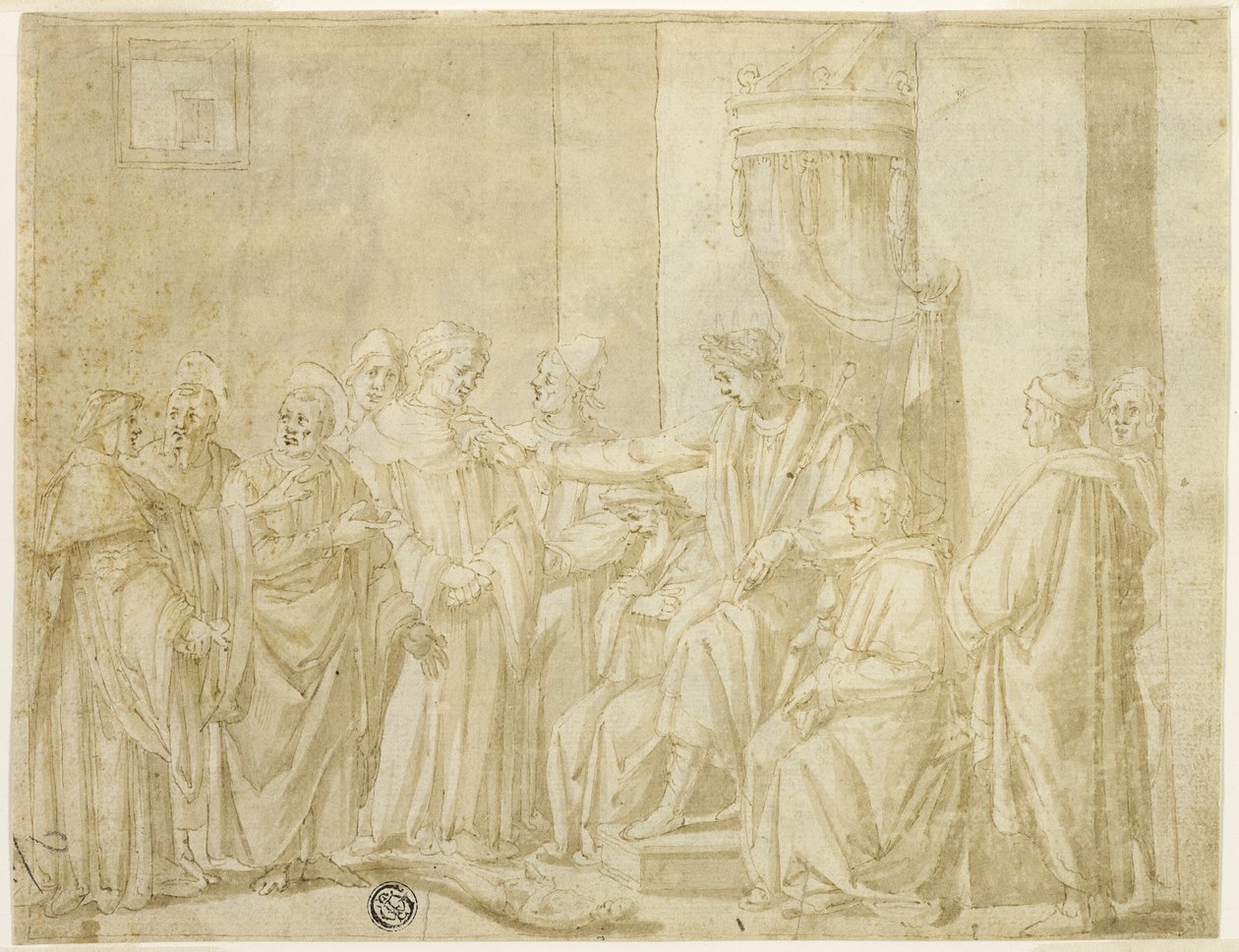 De hellige Peter og Paul diskuterer med Simon Magus før Nero (rekto); Fem scener fra historien om Moses (verso) av Andrea Boscoli