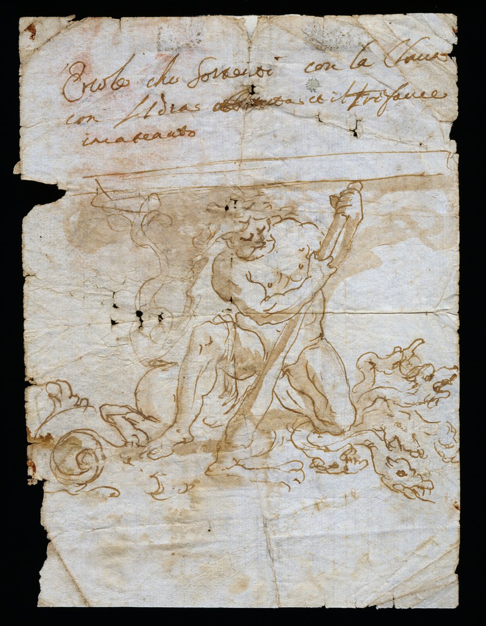 Designskisse for vasestativ, base som viser Hercules med Hydra og Cerberus, Andrea Brustolon (1662-1732), akvarellpenn på hvitt papir, Italia av Andrea Brustolon