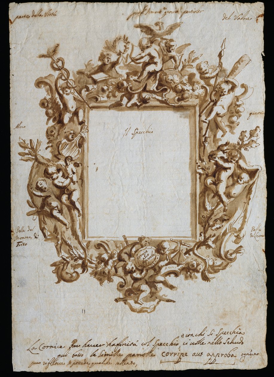 Ortogonal tegning for allegorisk ramme, ca 1700, av Andrea Brustolon (1662-1732), akvarellpenn på hvitt papir, Italia av Andrea Brustolon