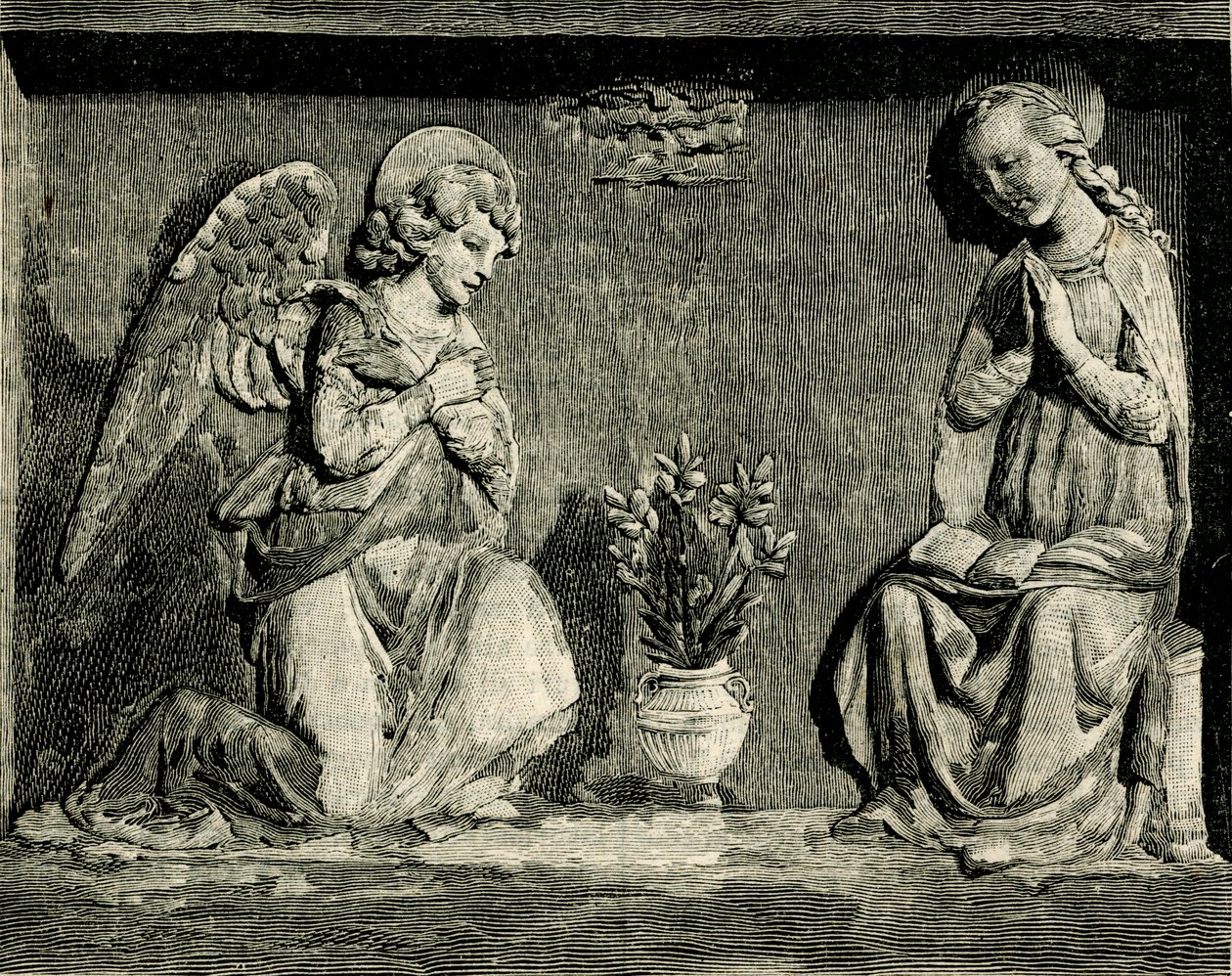 Bebudelse, av Andrea Della Robbia (1435-1525 eller 1528), oratorium for Madonna del Buon Consiglio, Prato, Toscana, Italia, tresnitt fra Le cento citta d