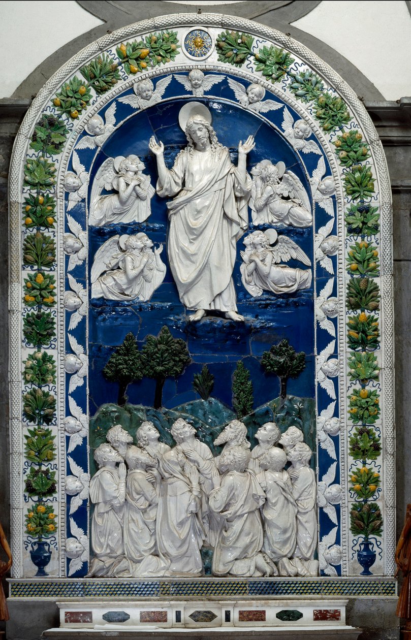 Jesu himmelfart til himmelen med Vår Frue og elleve apoler Lavt keramisk relieff av Andrea della Robbia (1435-1525) ca. 1490 Dim. 475 x 305 cm Santuario della Verna, Italia av Andrea Della Robbia