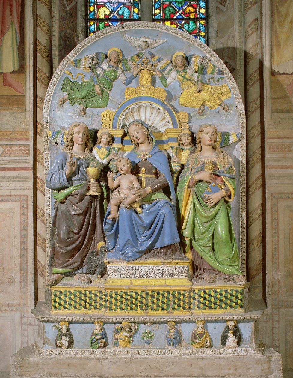 Madonna and Child Enthroned, Medici Chapel altertavle (tinnglasert lertøy) av Andrea Della Robbia