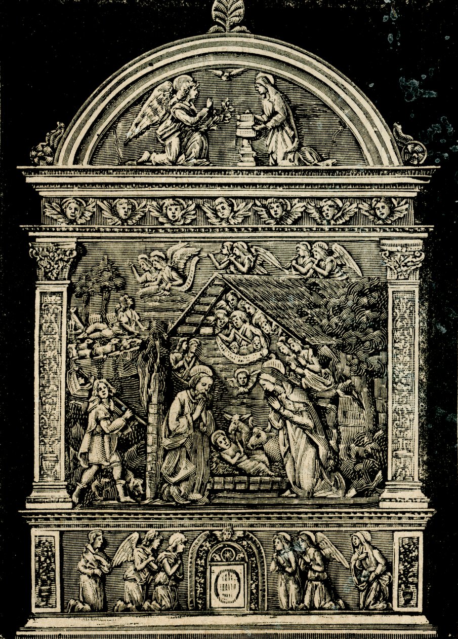 Fødsel, altertavle i terrakotta av Andrea della Robbia, fra kirken Saint Clare, Civic Museum of Sansepolcro, Toscana, Italia, tresnitt fra Le cento citta d'Italia (Hundre italienske byer), illustrert månedlig tillegg av Il Secolo, Milano av Andrea Della Robbia