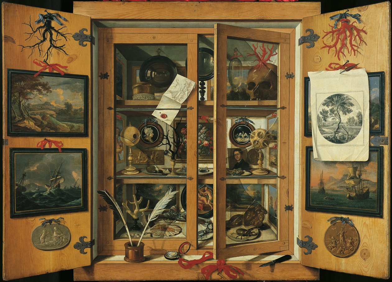 Kuriosakabinett (med glassdører) med forskjellige gjenstander, av Andrea Dominico Remps (1621-1699). av Andrea Domenico Remps