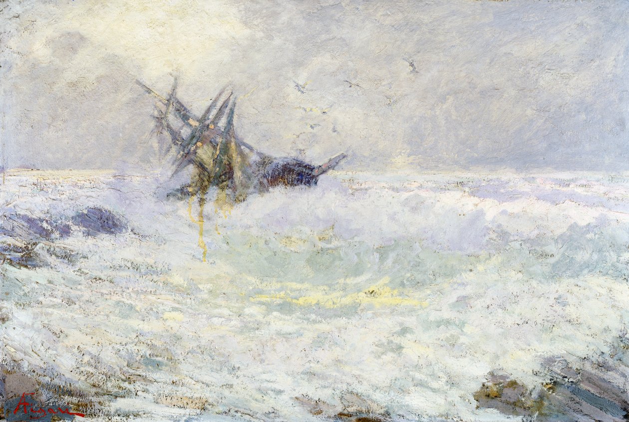 Stormfullt hav eller Siste kyss, av Andrea Figari (1858-1954), olje på papp, 72x105 cm. Italia av Andrea Figari