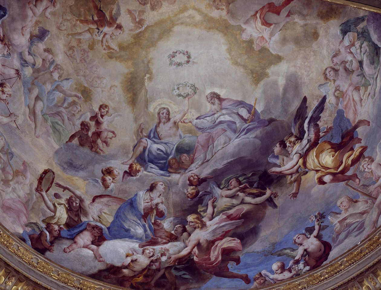 Coronation of Virgin, freskomaleri malt i 1699 av Andrea Lanzani (1641-1712) fra koret til Sanctuary Of Incoronata, Lodi. Italia av Andrea Lanzani
