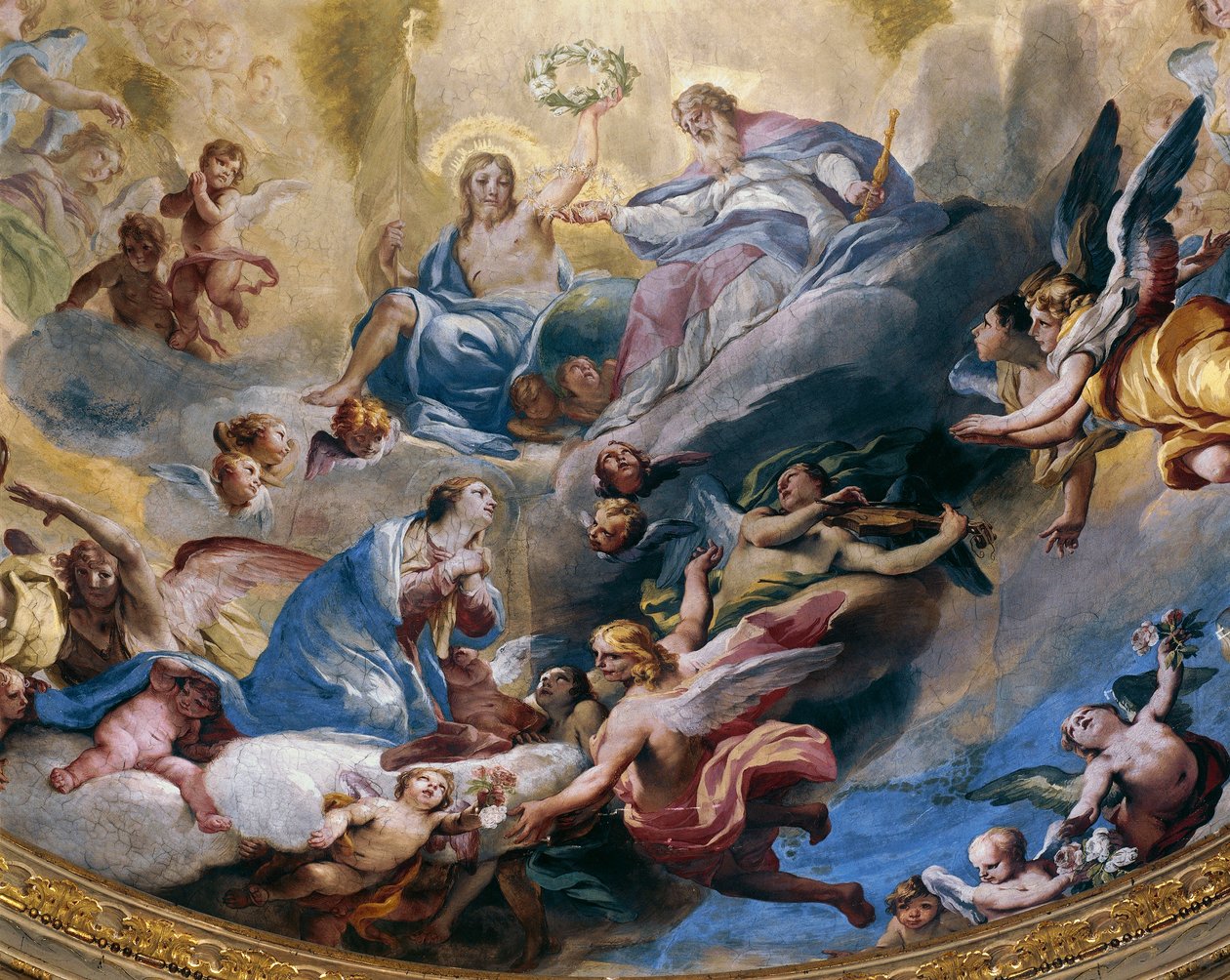 Coronation of Virgin, freskomaleri malt i 1699 av Andrea Lanzani (1641-1712) i koret til Sanctuary Of Incoronata, Lodi. Italia av Andrea Lanzani