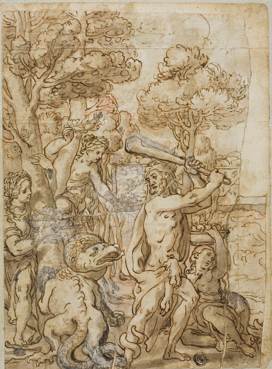 Hercules dreper slangen Ladon i Hesperidenes hage av Andrea Lilio