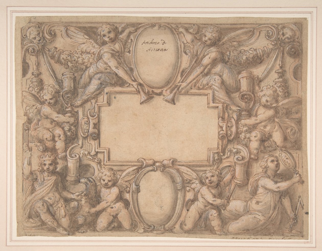 En kartusj og to skjold omgitt av allegoriske figurer., 1570-1631. av Andrea Lilli