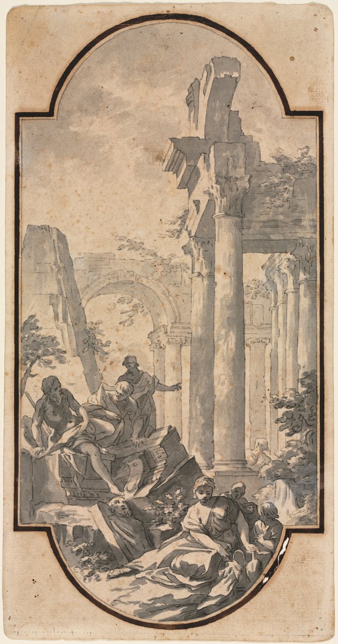 Figurer nær ruinene av et korintisk tempel (recto) av Andrea Locatelli