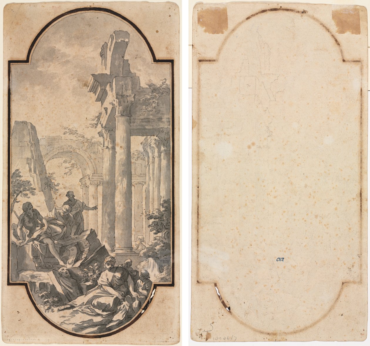 Figurer nær ruinene av et korintisk tempel (recto); Fragment av en bue (sporing fra recto) (verso) av Andrea Locatelli