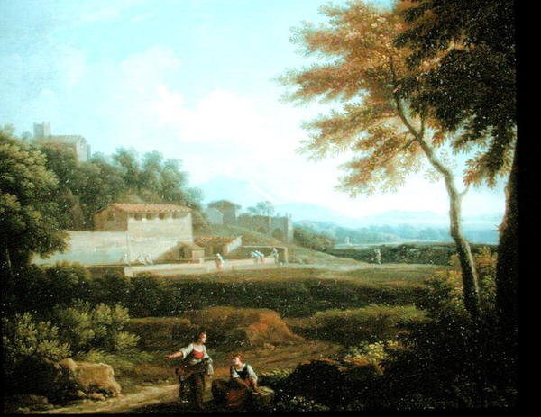 Landskap med figurer i ro med en by utenfor (olje på lerret) av Andrea Locatelli
